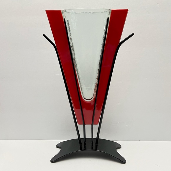 Vintage Postmodern Memphis Style Red Clear Art Glass Vase and Metal Stand - Picture 3 of 14